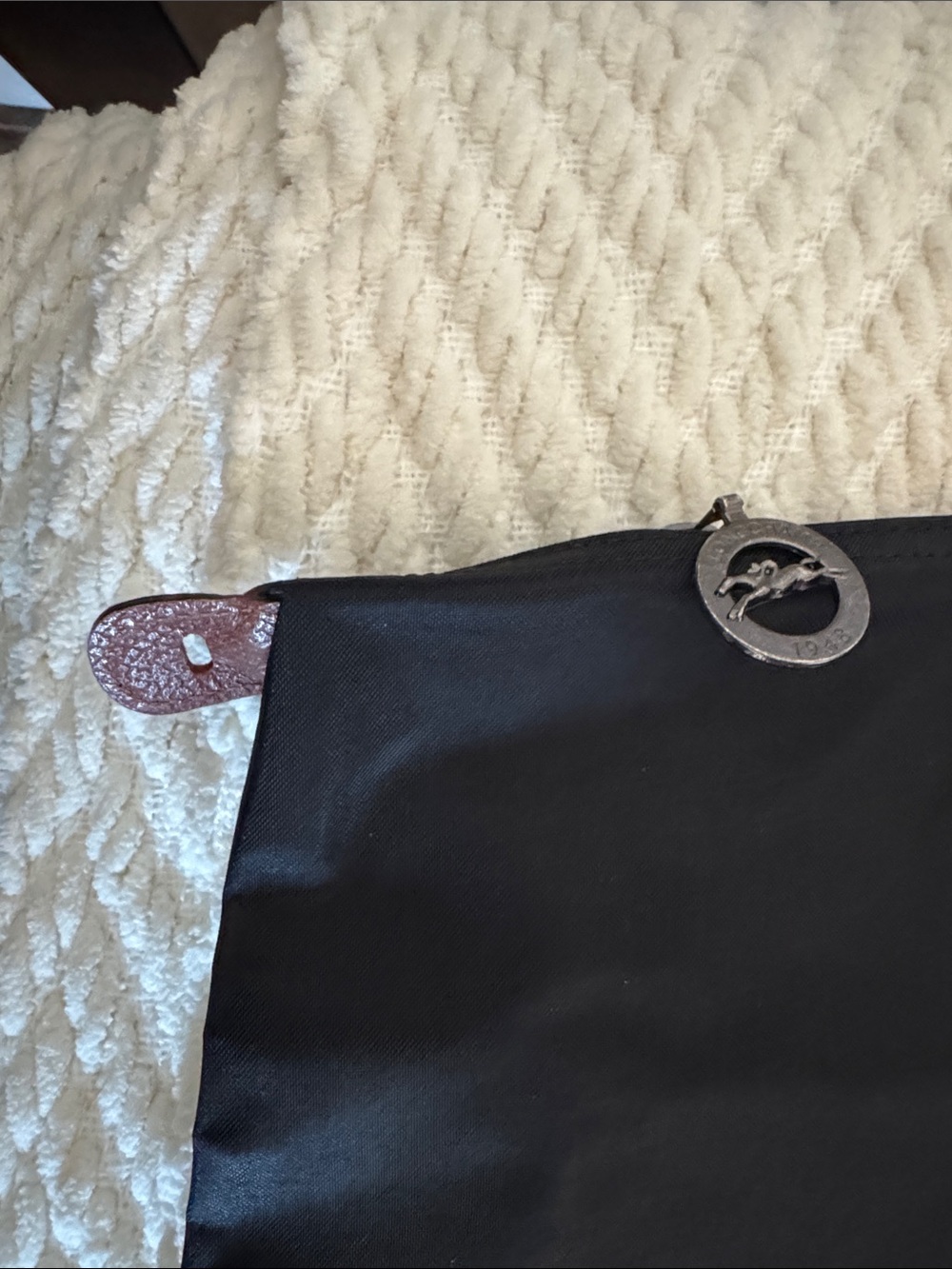 Longchamp Navy Nylon Tote with Brown Leather Trim and Handles - Picture 2 of 6